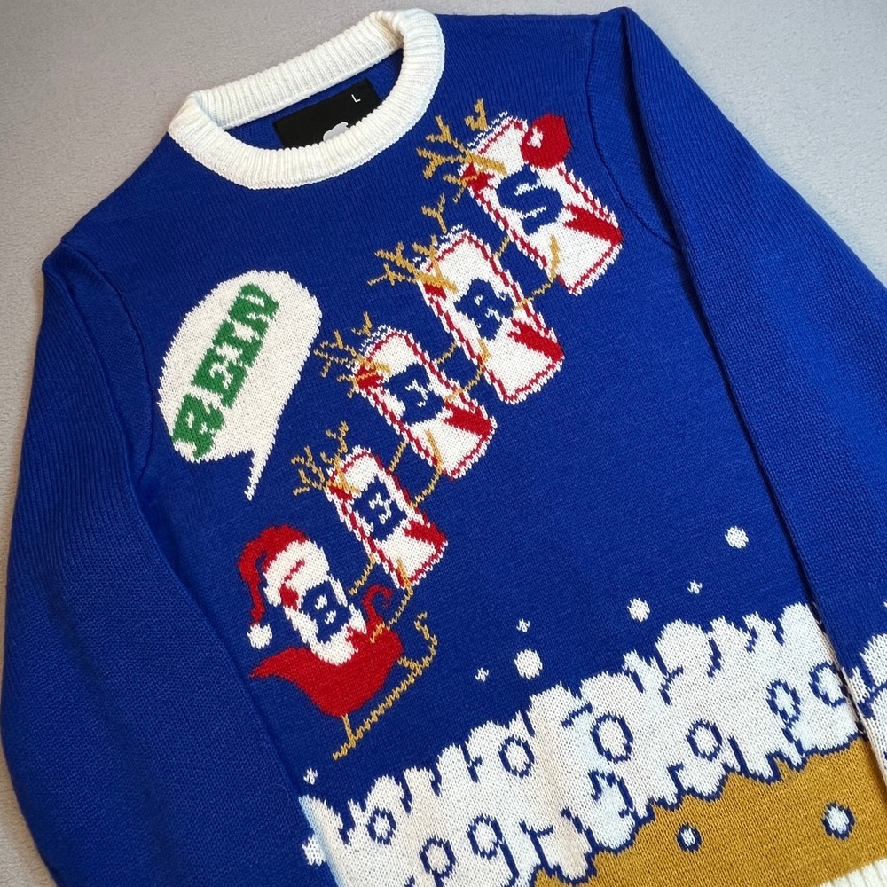 American Stitch Mens Rein Beers Ugly Christmas Sweater Blue Beer Santa Large